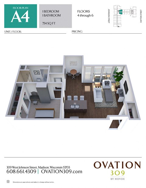 Floor plan for 1 bed, 1 bath, 754 sqft
